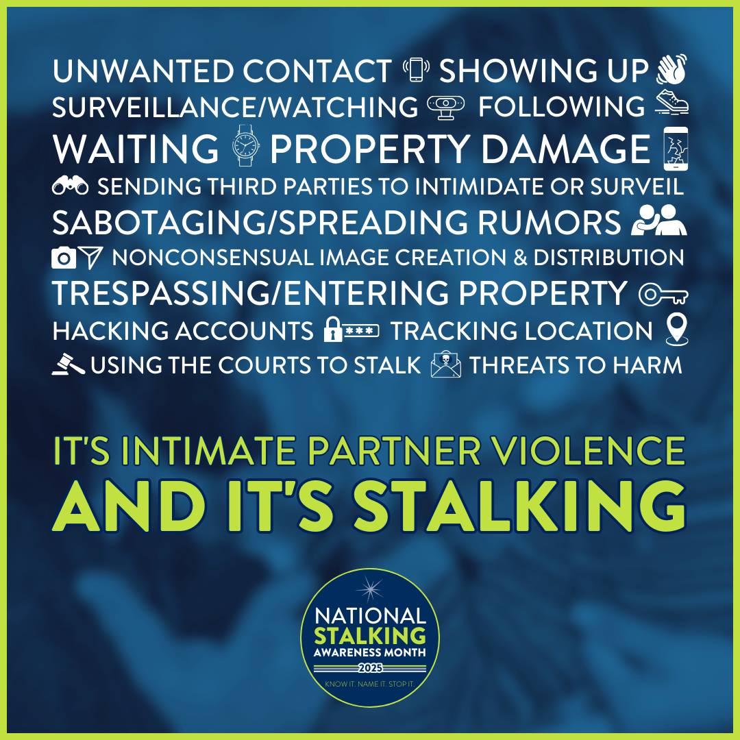 blue image with text describing what stalking is